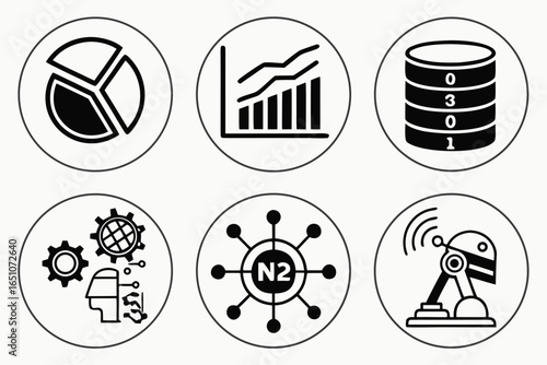 Set of six technology and data icons isolated on white background