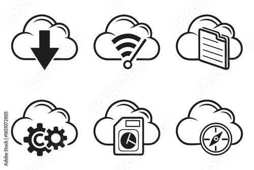 Cloud computing icons with download, wifi, file, gear, and navigation