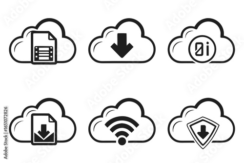 Cloud computing icons with download, upload, wifi, and security symbols isolated on white background