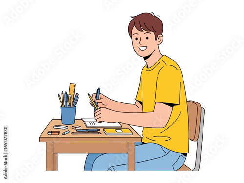 Student's Creative Pursuit: A cheerful young individual, engaged in the act of sketching at their desk, engrossed in the process of creation with a array of stationery. 