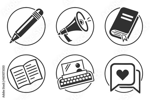 Set of six writing and communication icons isolated on white background