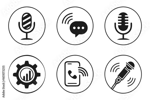 Set of six audio and communication icons isolated on white background