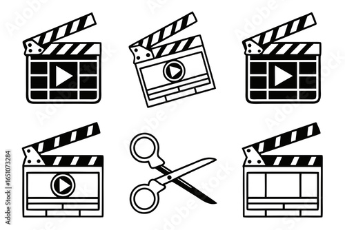 Collection of film and video production icons including clapperboards and scissors
