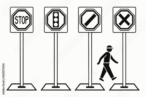 Collection of traffic signs and pedestrian crossing symbol isolated on white background