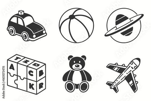Collection of simple line art toys isolated on white background