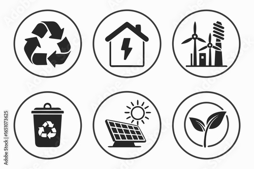 Set of six ecofriendly energy and recycling icons isolated on white background