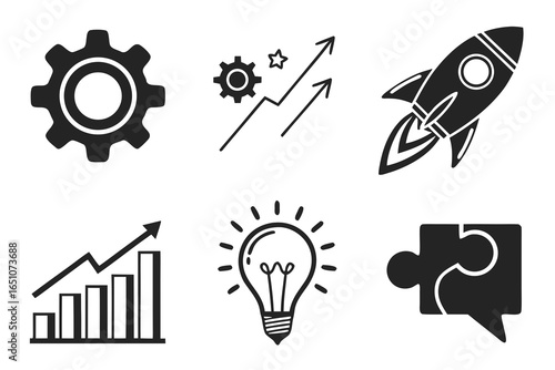 Collection of business and startup icons including rocket, graph, gear, lightbulb, puzzle