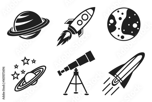 Space exploration icons rockets, planets, telescope, and stars isolated on white background