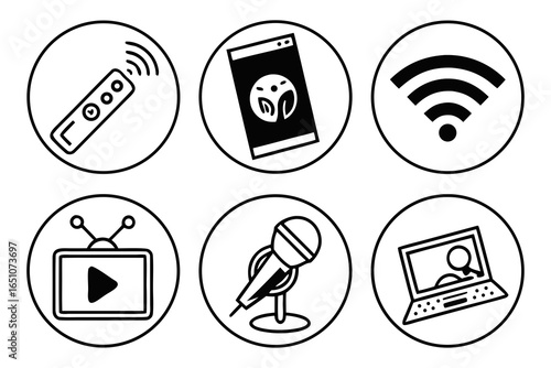 Set of technology and media icons isolated on white background
