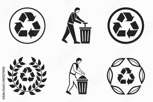 Recycling symbols and people disposing of trash isolated on white background