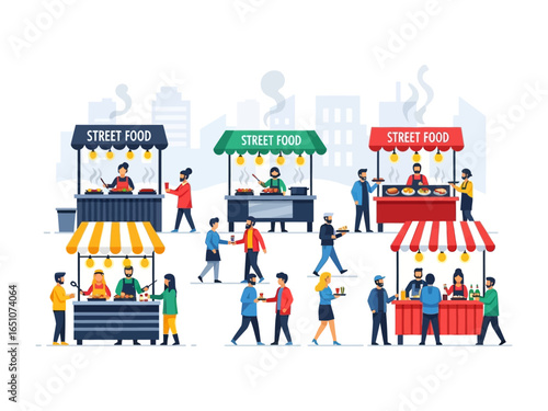 City Street Food Festival: A lively cityscape bustling with an array of food stalls, beckoning visitors to enjoy culinary delights from around the world.