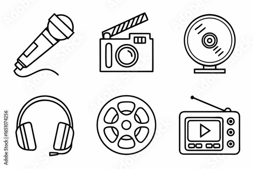 Collection of vintage audio and video equipment icons isolated on white background