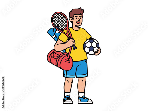 Man Ready for Recreation: A cheerful figure stands ready for various recreational activities, carrying a sports bag, tennis racket, yoga mat, and a soccer ball.