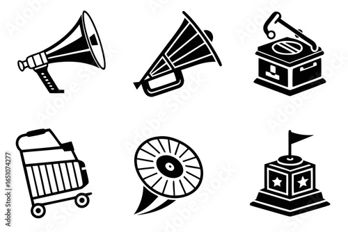 Collection of vintage and modern icons megaphone, gramophone, shopping cart, award
