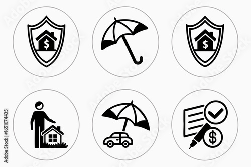 Insurance icons for home, car, and financial protection isolated on white background