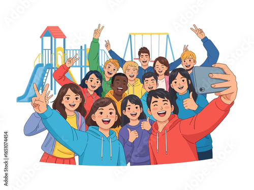 Joyful Group Selfie: A vibrant group of teens embraces the moment, capturing a cheerful selfie together, full of smiles and youthful energy in the playground.