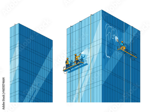 High-rise Glass Facade Cleaning: Cleaning professionals meticulously maintain a sleek, modern glass facade of a high-rise building, showcasing architectural brilliance.