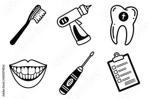 Dental hygiene tools and tooth illustration isolated on white background