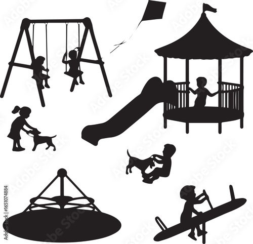 Children playing on a playground with swings slide carousel and kite