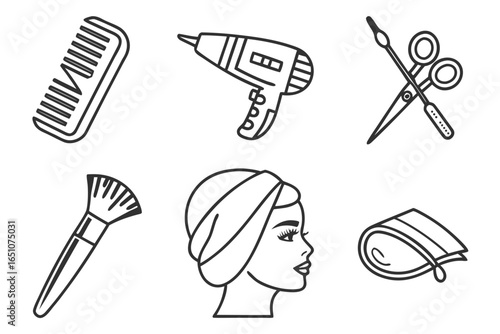 Collection of beauty and hair salon tools and a woman with a towel on her head isolated on white background