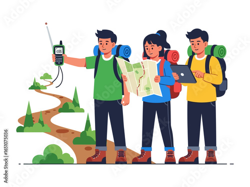 Embarking on the Trail: A team of three hikers, backpacks loaded, utilize a map, radio, and tablet to navigate a scenic trail through nature's embrace, symbolizing exploration and adventure.
