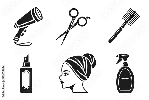 Collection of hairdressing tools and a womans head isolated on white background
