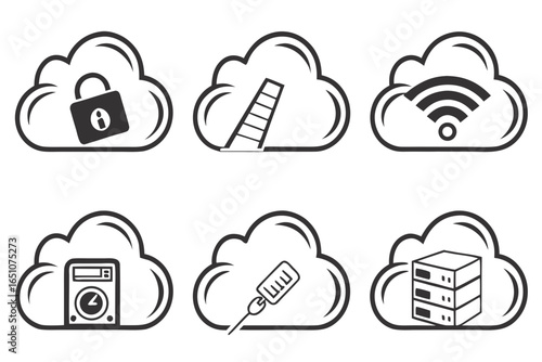 Cloud computing icons security, ladder, wifi, server, microphone, database isolated on white background