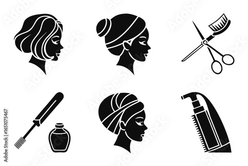 Beauty salon icons with womans face, hair, and beauty tools