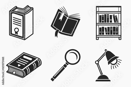 Collection of six icons related to books, reading, and education