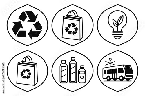 Set of ecofriendly icons for recycling, shopping, and sustainability