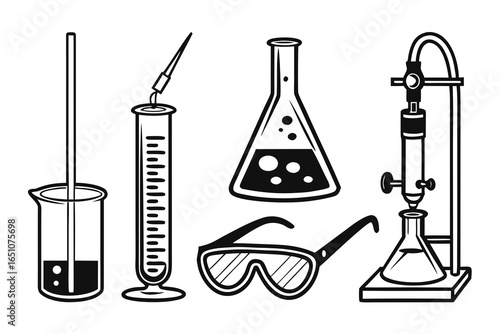 Collection of science laboratory equipment and safety goggles isolated on white background