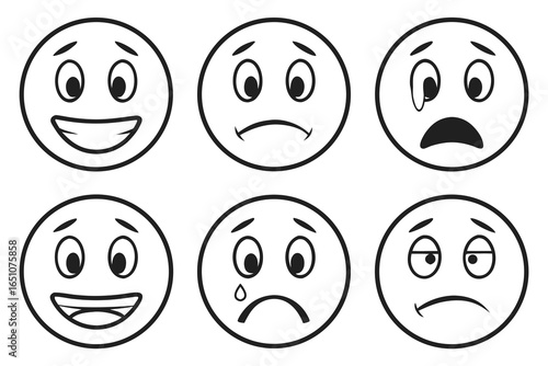 Set of six cartoon faces showing different emotions, isolated on white background