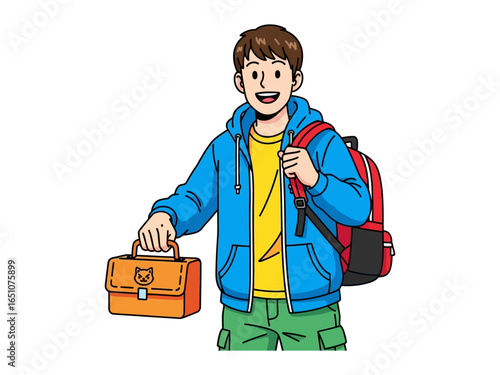 Happy Student: A joyful young student, ready for the day, stands confidently with a backpack and lunchbox, full of anticipation for new lessons and experiences. 