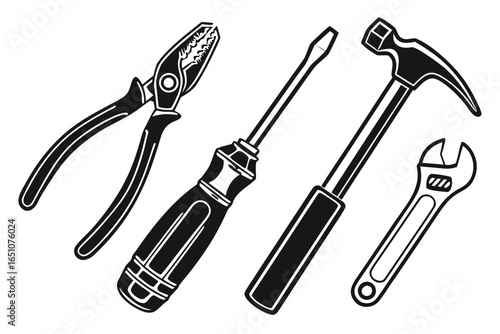 Collection of common hand tools including a hammer, pliers, screwdriver, and wrench