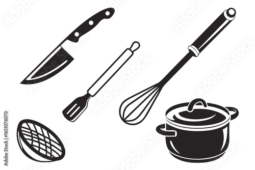 Collection of kitchen utensils and cookware isolated on white background