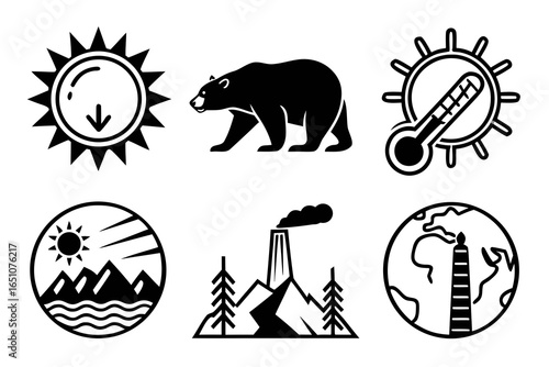 Climate change icons including sun, bear, thermometer, landscape, factory, and planet