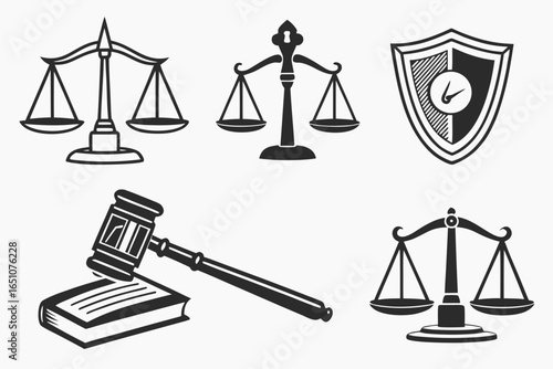 Collection of legal symbols including scales of justice, gavel, and shield isolated on white background