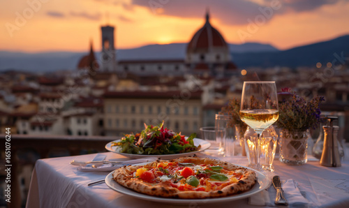 Romantic italian dinner with pizza and wine overlooking florence at sunset