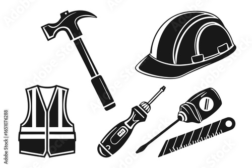 Collection of construction and safety equipment isolated on white background