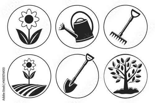 Set of garden icons including flower, watering can, spade, rake and tree isolated on white background