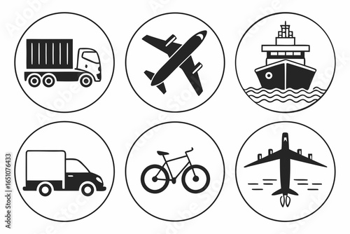 Set of transportation icons including truck, airplane, ship, van, and bicycle