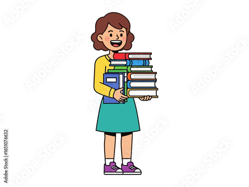Bookworm's Bounty: A cheerful girl embraces the love of reading, cradling a towering stack of books that ignite the imagination and unlock endless worlds.