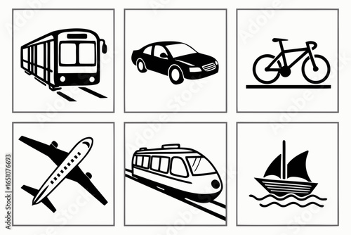 Collection of transportation modes isolated on white background