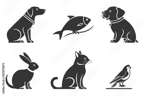 Collection of domestic animal silhouettes isolated on white background