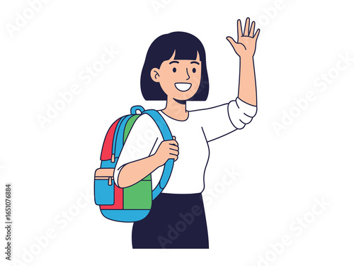 School Day Gesture: A smiling student joyfully waves farewell or hello. She has a backpack over her shoulder and brightens the canvas. 