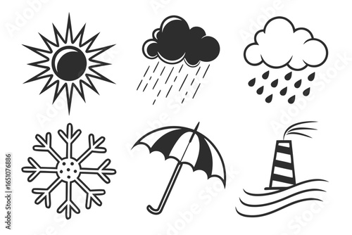 Collection of weather icons including sun, rain, snow, umbrella, and factory chimney
