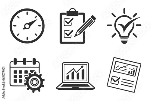 Business icons set time, planning, checklist, idea, data analysis, and report