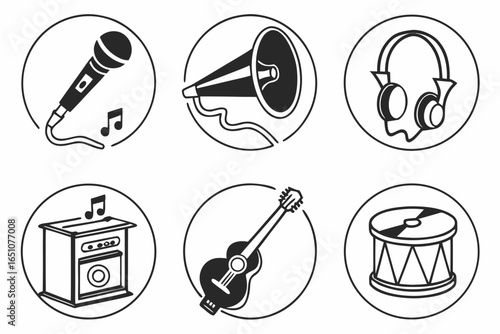 Collection of musical instruments and audio equipment icons isolated on white background