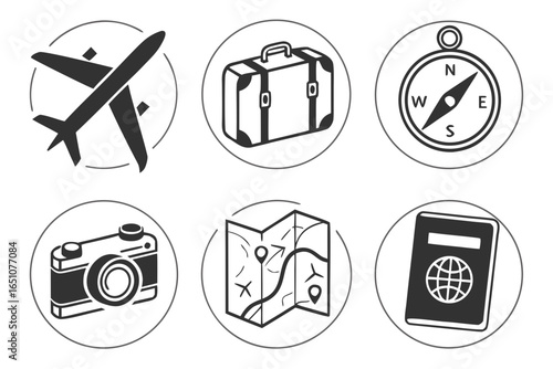 Collection of travel icons including airplane, suitcase, compass, camera, map, and passport isolated on white background