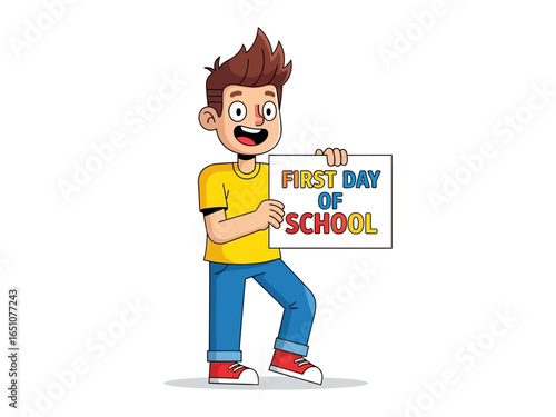First Day of School: A cheerful student proudly displays a sign, symbolizing the beginning of an academic journey, filled with anticipation and the promise of discovery.